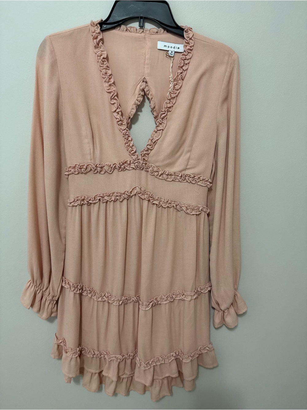 moodie Blush Pink Long-Sleeve Ruffle V-Neck Mini Dress